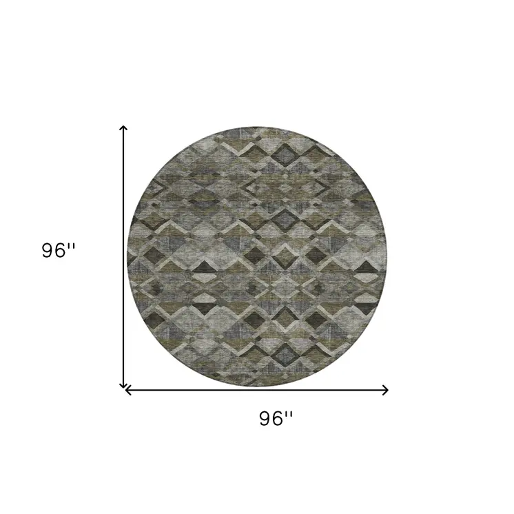 8' Gray And Charcoal Round Geometric Washable Indoor Outdoor Area Rug