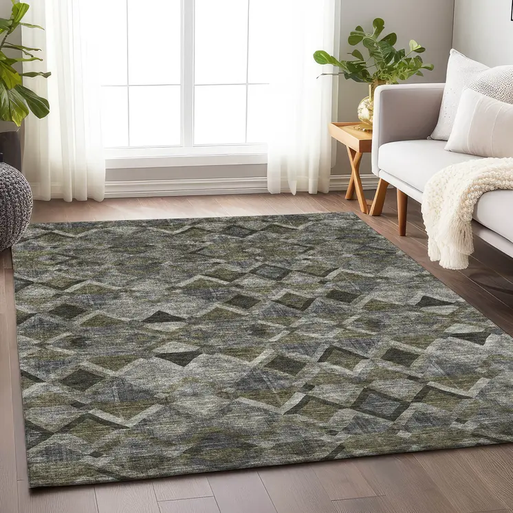 8' X 10' Gray And Charcoal Geometric Washable Indoor Outdoor Area Rug