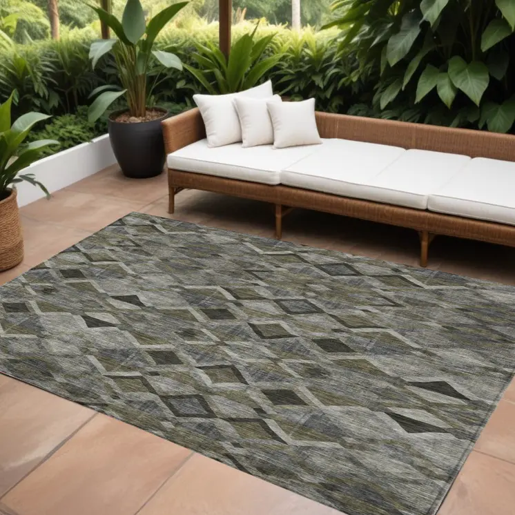 9' X 12' Gray And Charcoal Geometric Washable Indoor Outdoor Area Rug