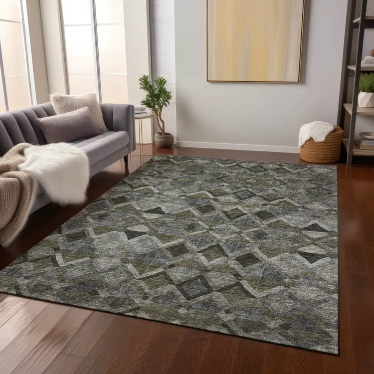 9' X 12' Gray And Charcoal Geometric Washable Indoor Outdoor Area Rug