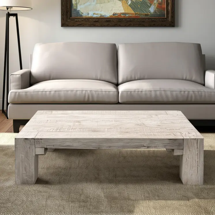 55" Natural and Off White Reclaimed Wood Distressed Coffee Table