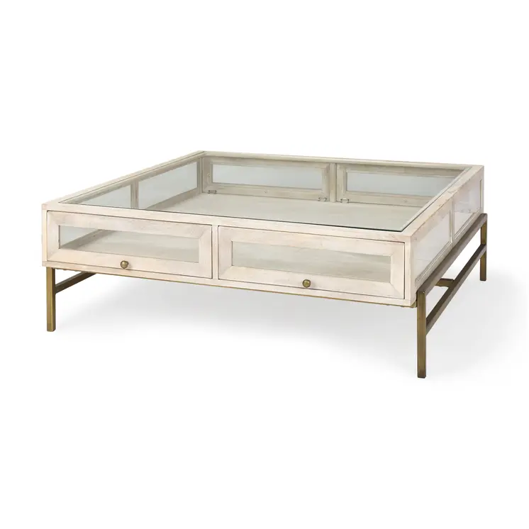 44" Off White Clear And Gold Solid Wood Glass And Iron Storage Coffee Table