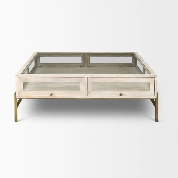 44" Off White Clear And Gold Solid Wood Glass And Iron Storage Coffee Table