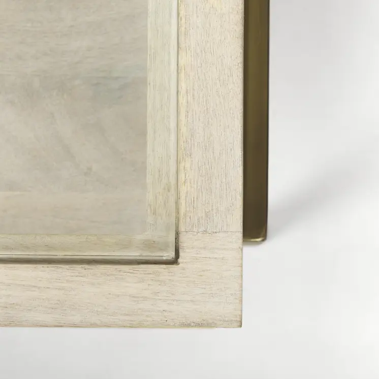 44" Off White Clear And Gold Solid Wood Glass And Iron Storage Coffee Table