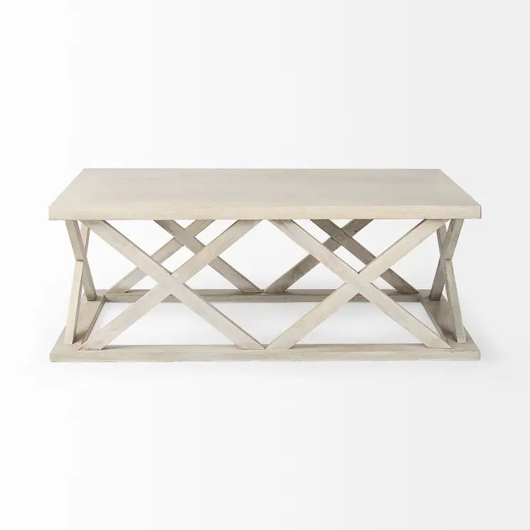 48" Off White Solid Wood Distressed Geo Frame Coffee Table