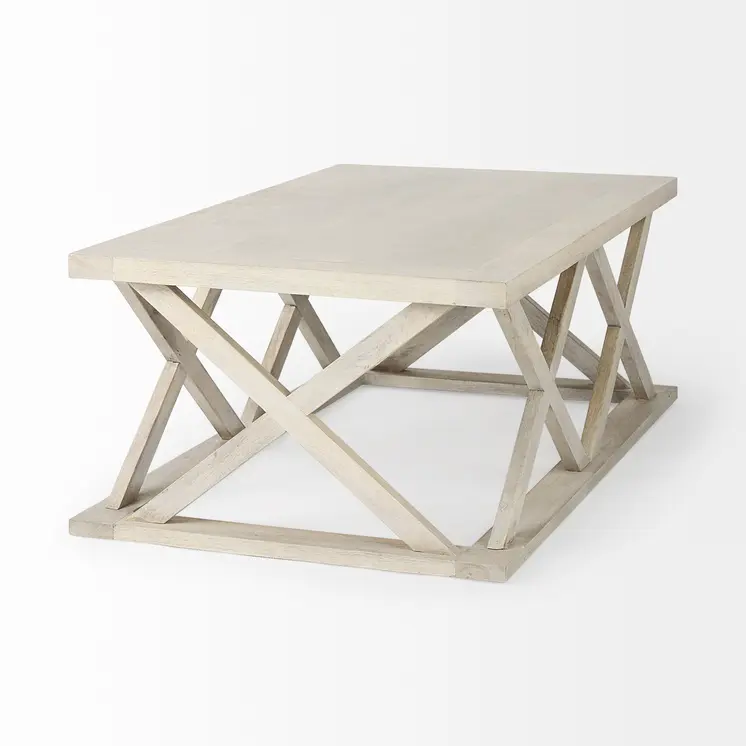 48" Off White Solid Wood Distressed Geo Frame Coffee Table