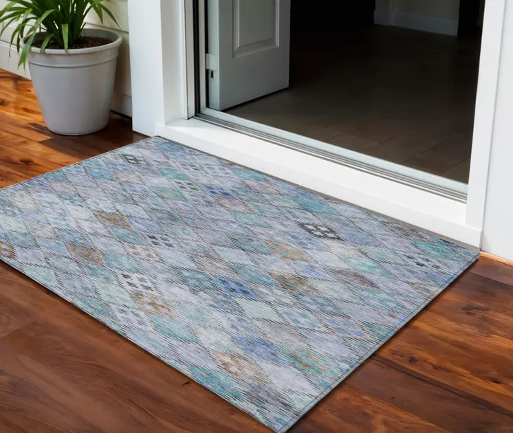 3' X 5' Blue Purple And Gray Geometric Washable Indoor Outdoor Area Rug