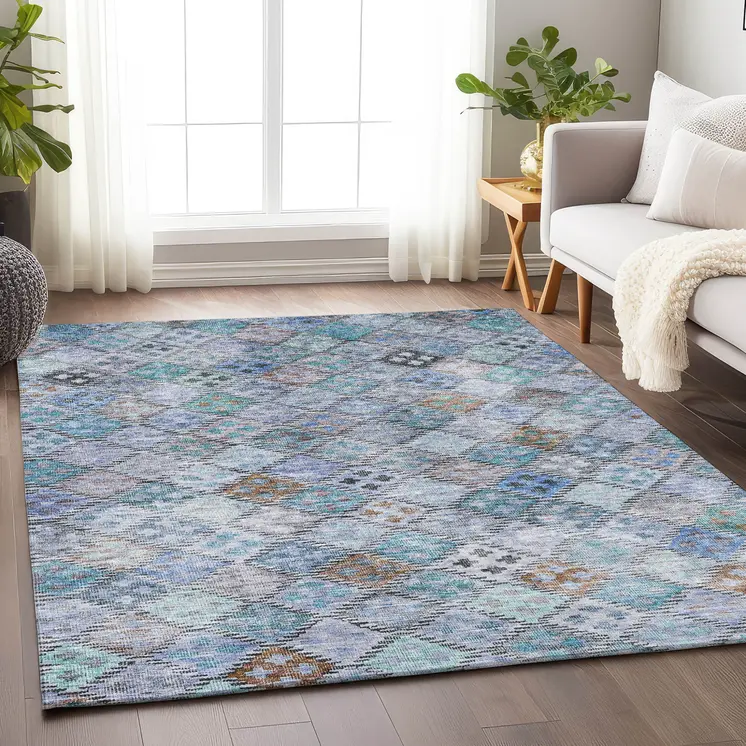 3' X 5' Blue Purple And Gray Geometric Washable Indoor Outdoor Area Rug