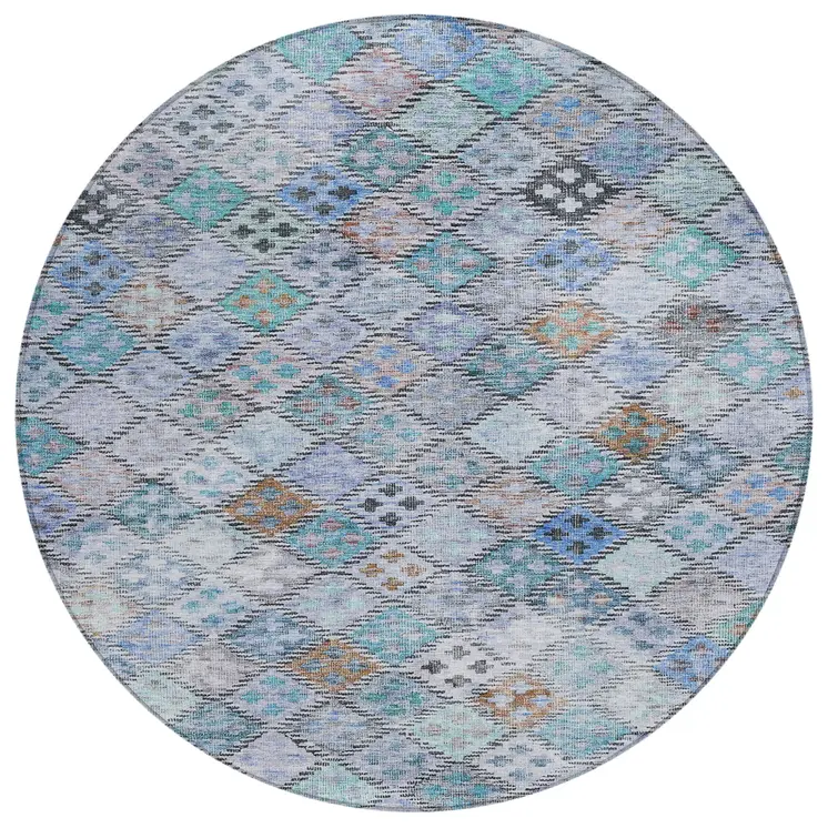 8' Blue Purple And Gray Round Geometric Washable Indoor Outdoor Area Rug