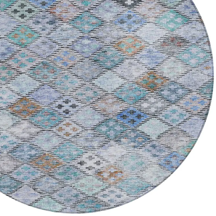 8' Blue Purple And Gray Round Geometric Washable Indoor Outdoor Area Rug