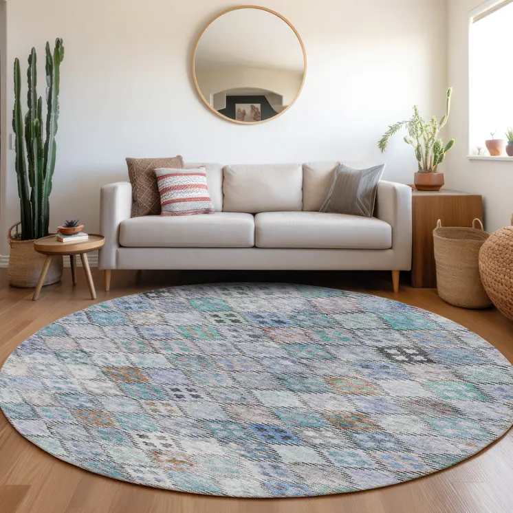 8' Blue Purple And Gray Round Geometric Washable Indoor Outdoor Area Rug