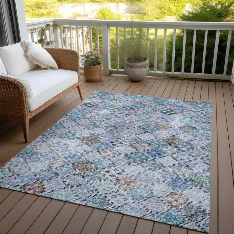 9' X 12' Blue Purple And Gray Geometric Washable Indoor Outdoor Area Rug