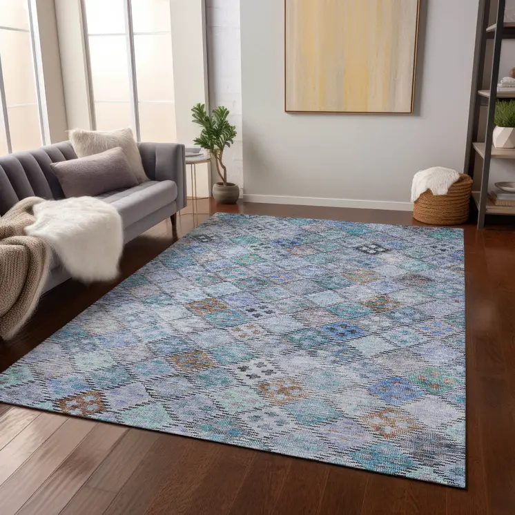 9' X 12' Blue Purple And Gray Geometric Washable Indoor Outdoor Area Rug