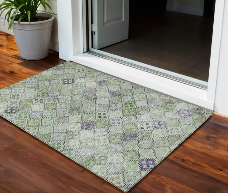 3' X 5' Green And Purple Geometric Washable Indoor Outdoor Area Rug