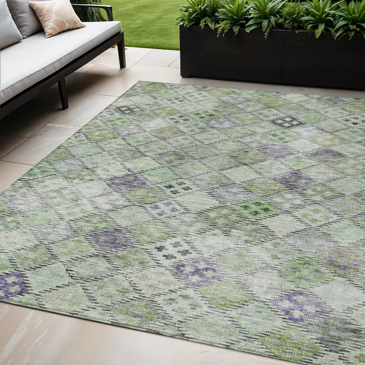 5' X 8' Green And Purple Geometric Washable Indoor Outdoor Area Rug