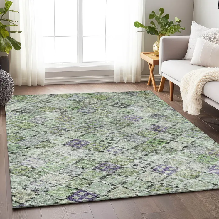 5' X 8' Green And Purple Geometric Washable Indoor Outdoor Area Rug
