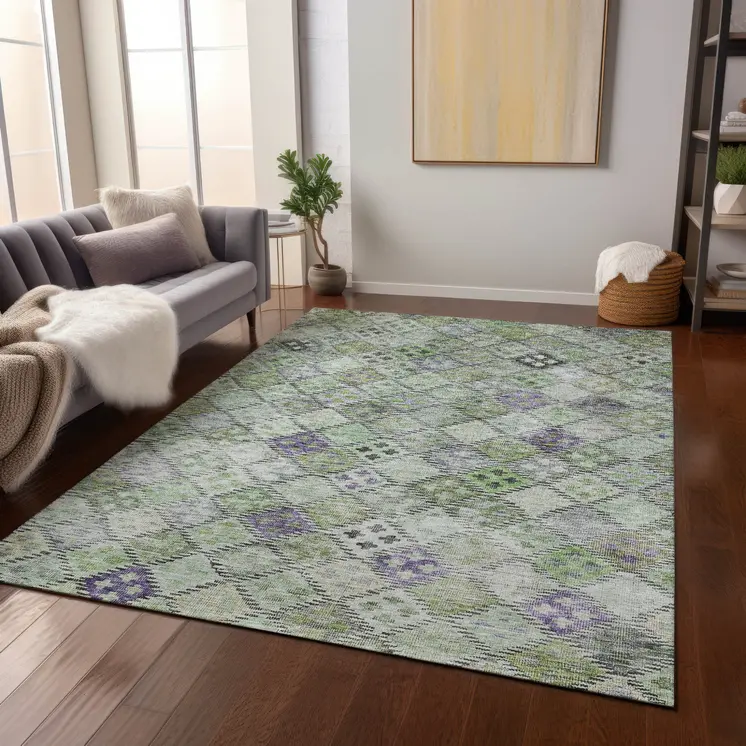 5' X 8' Green And Purple Geometric Washable Indoor Outdoor Area Rug
