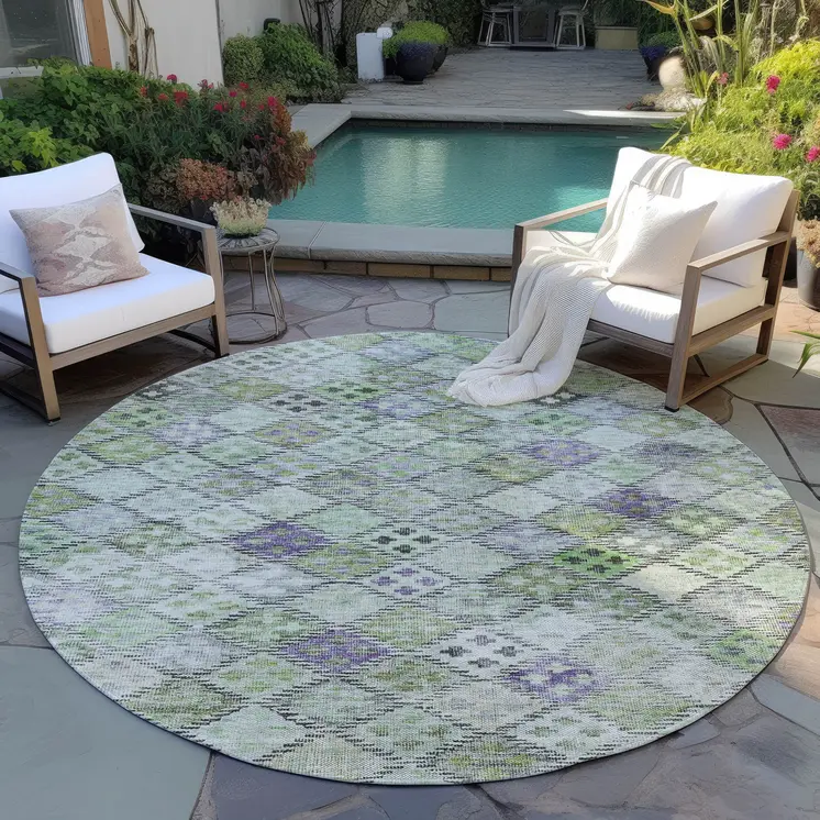 8' Green And Purple Round Geometric Washable Indoor Outdoor Area Rug