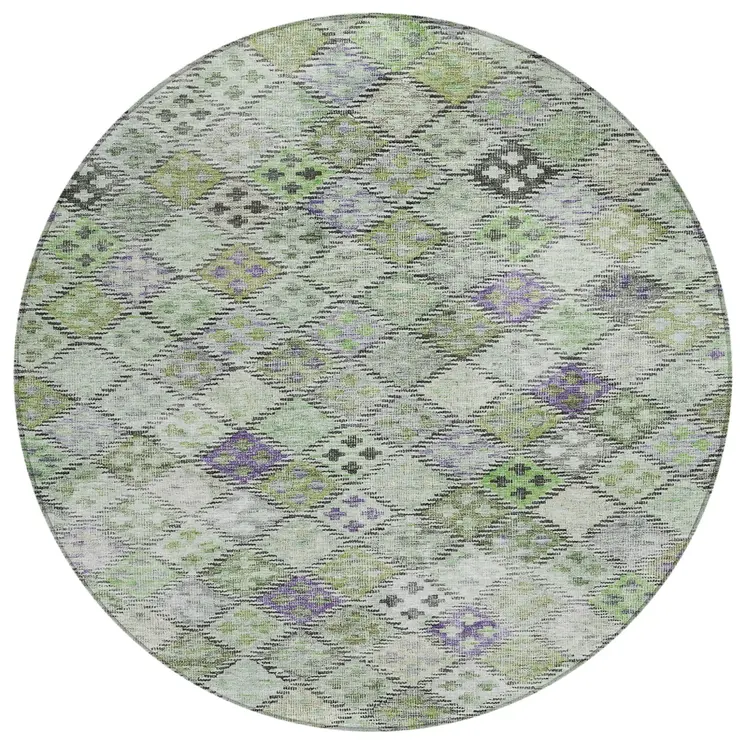 8' Green And Purple Round Geometric Washable Indoor Outdoor Area Rug