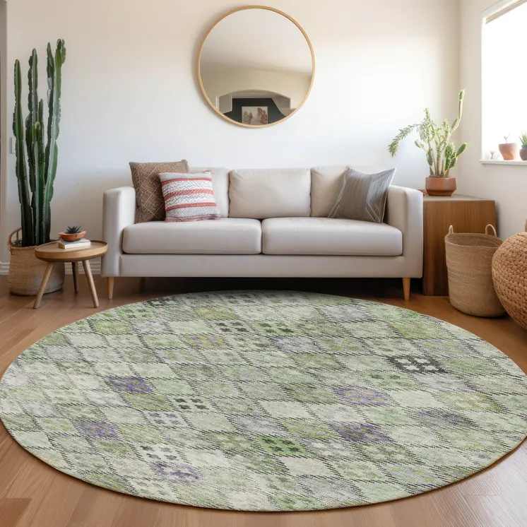 8' Green And Purple Round Geometric Washable Indoor Outdoor Area Rug