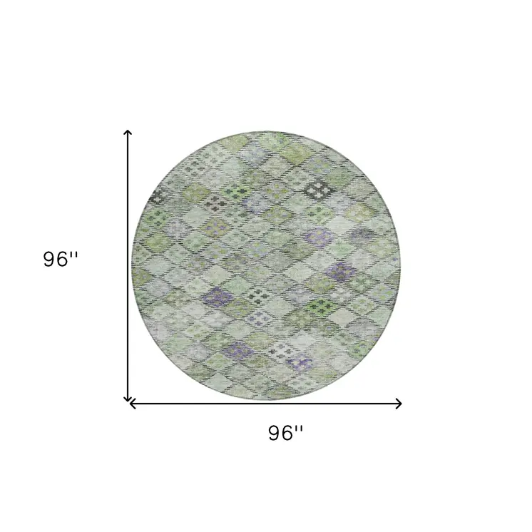 8' Green And Purple Round Geometric Washable Indoor Outdoor Area Rug