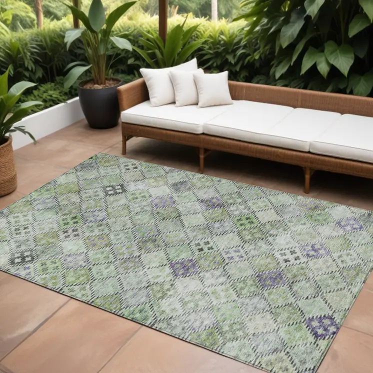 9' X 12' Green And Purple Geometric Washable Indoor Outdoor Area Rug