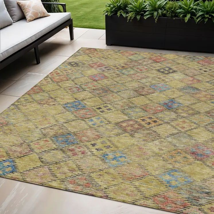 5' X 8' Gold Pink And Blue Geometric Washable Indoor Outdoor Area Rug