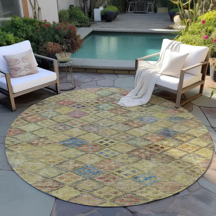 8' Gold Pink And Blue Round Geometric Washable Indoor Outdoor Area Rug