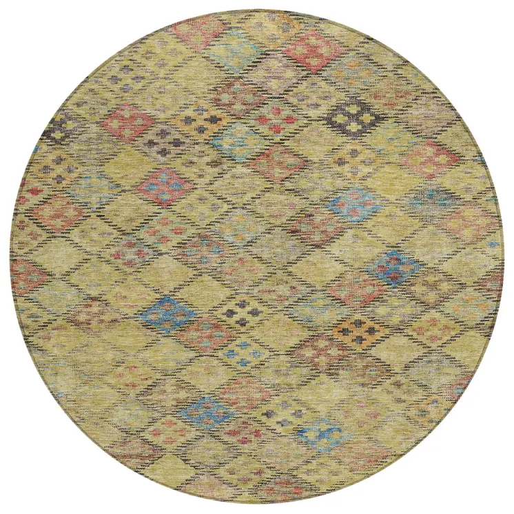 8' Gold Pink And Blue Round Geometric Washable Indoor Outdoor Area Rug