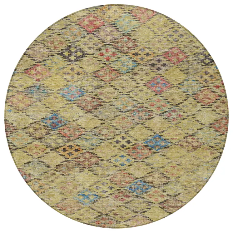 8' Gold Pink And Blue Round Geometric Washable Indoor Outdoor Area Rug
