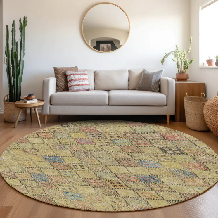 8' Gold Pink And Blue Round Geometric Washable Indoor Outdoor Area Rug