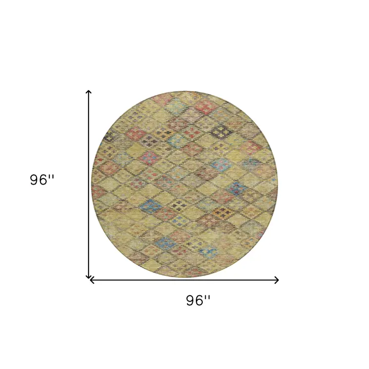 8' Gold Pink And Blue Round Geometric Washable Indoor Outdoor Area Rug