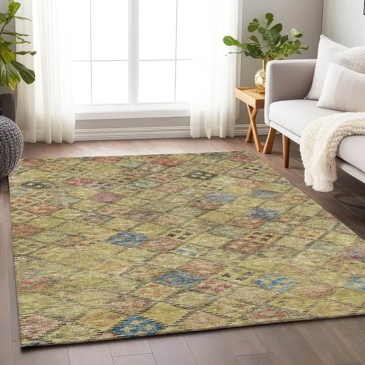 8' X 10' Gold Pink And Blue Geometric Washable Indoor Outdoor Area Rug