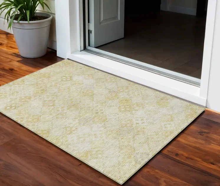 3' X 5' Linen And Gold Geometric Washable Indoor Outdoor Area Rug
