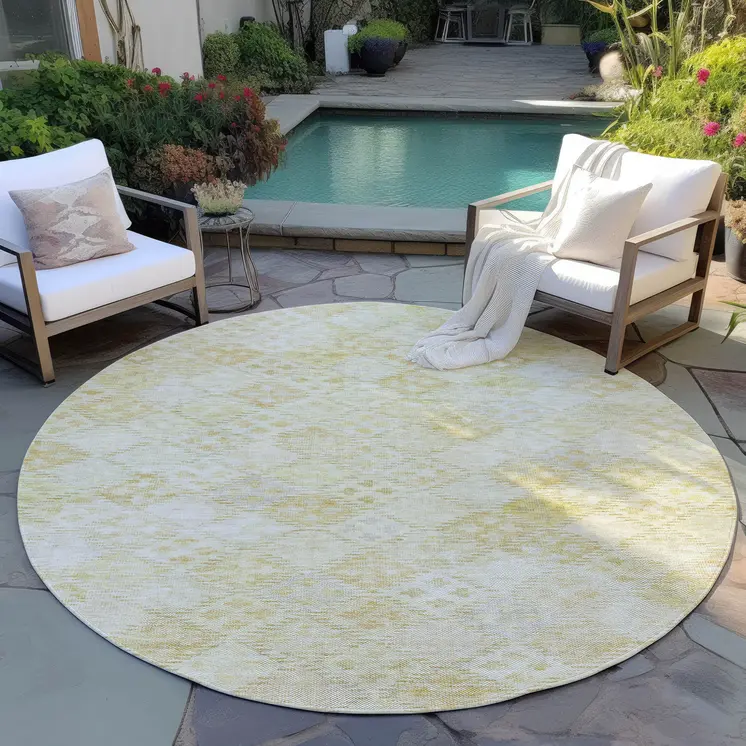 8' Linen And Gold Round Geometric Washable Indoor Outdoor Area Rug