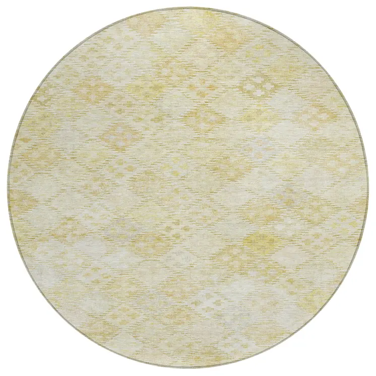 8' Linen And Gold Round Geometric Washable Indoor Outdoor Area Rug