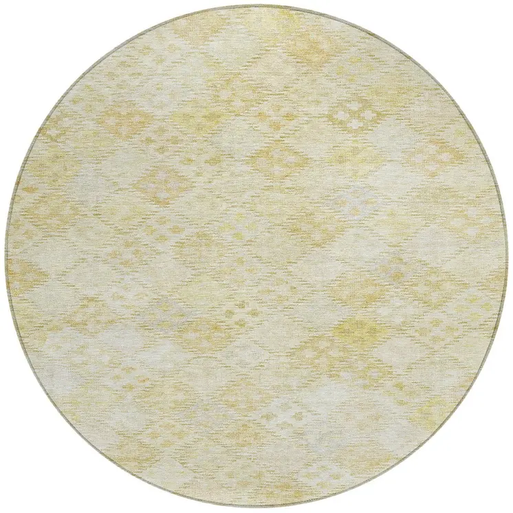 8' Linen And Gold Round Geometric Washable Indoor Outdoor Area Rug