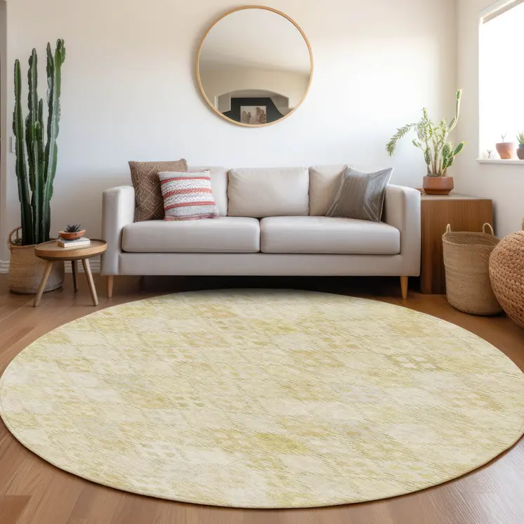 8' Linen And Gold Round Geometric Washable Indoor Outdoor Area Rug
