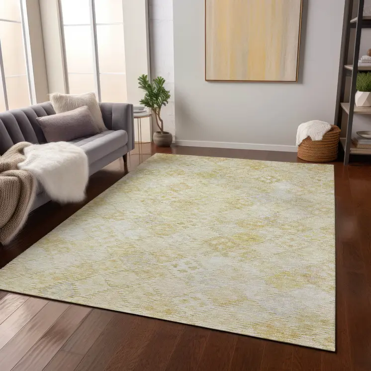 8' X 10' Linen And Gold Geometric Washable Indoor Outdoor Area Rug