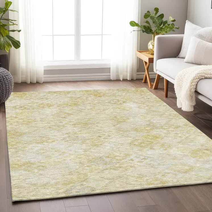 9' X 12' Linen And Gold Geometric Washable Indoor Outdoor Area Rug