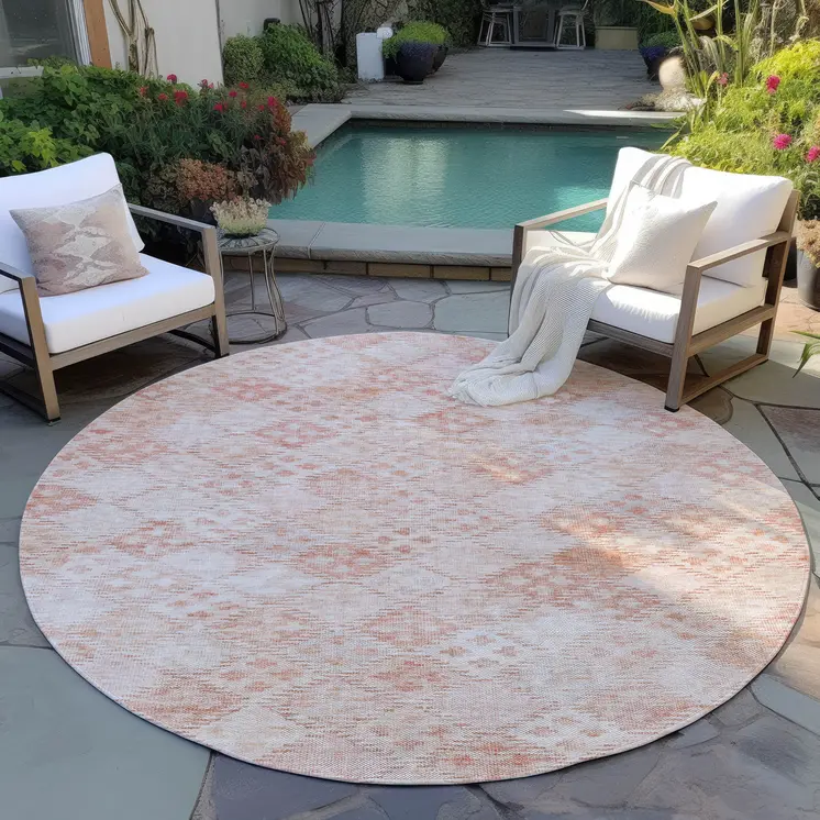 8' Pink And Blush Round Geometric Washable Indoor Outdoor Area Rug