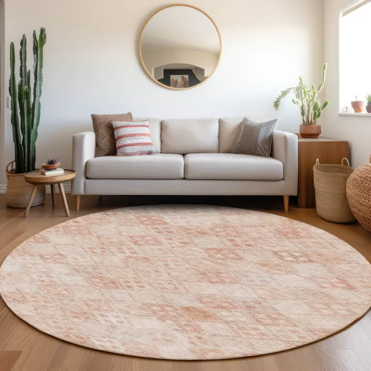 8' Pink And Blush Round Geometric Washable Indoor Outdoor Area Rug