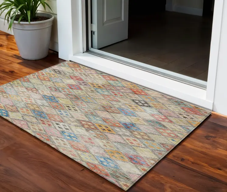3' X 5' Terra Cotta Beige And Teal Blue Geometric Washable Indoor Outdoor Area Rug