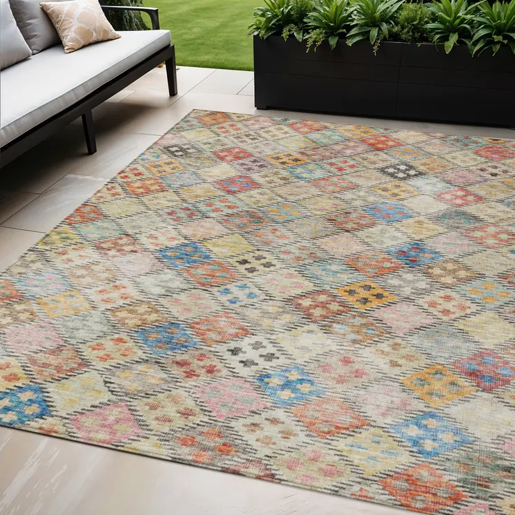 5' X 8' Terra Cotta Beige And Teal Blue Geometric Washable Indoor Outdoor Area Rug