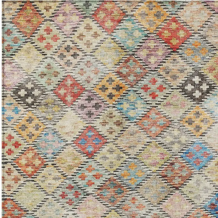 5' X 8' Terra Cotta Beige And Teal Blue Geometric Washable Indoor Outdoor Area Rug