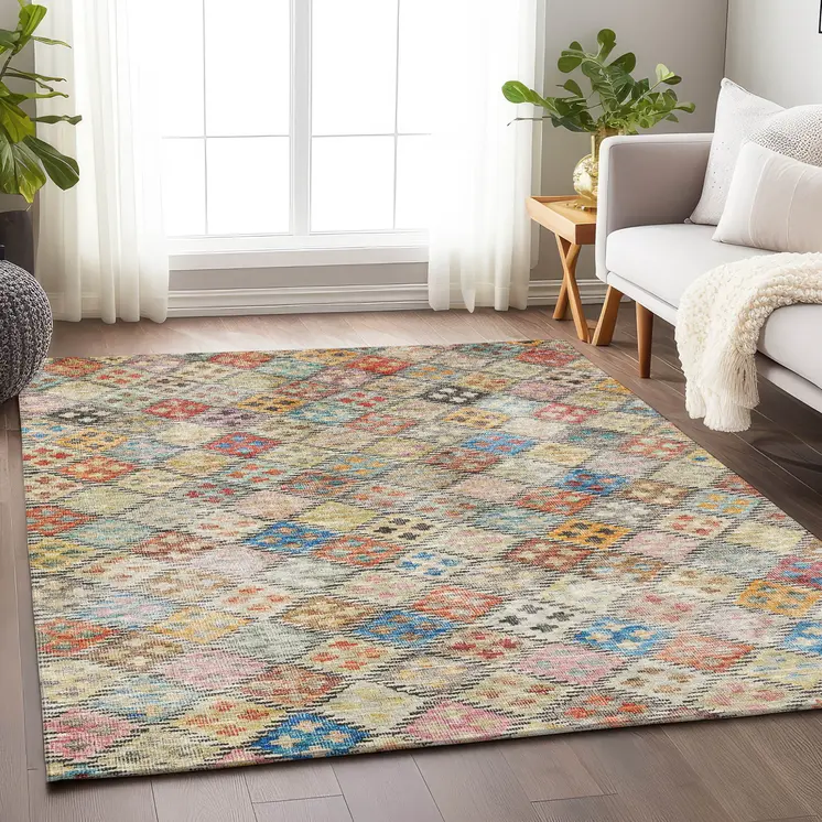 5' X 8' Terra Cotta Beige And Teal Blue Geometric Washable Indoor Outdoor Area Rug