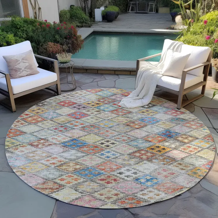 8' Terra Cotta Beige And Teal Blue Round Geometric Washable Indoor Outdoor Area Rug