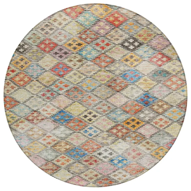 8' Terra Cotta Beige And Teal Blue Round Geometric Washable Indoor Outdoor Area Rug