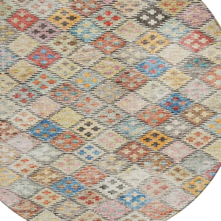 8' Terra Cotta Beige And Teal Blue Round Geometric Washable Indoor Outdoor Area Rug