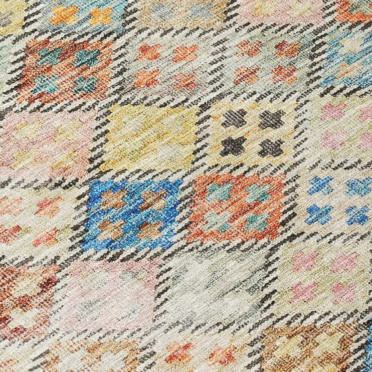 8' Terra Cotta Beige And Teal Blue Round Geometric Washable Indoor Outdoor Area Rug
